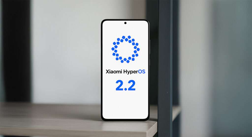 تصویر تلفن شیائومی که لوگو رابطکاربری HyperOS 2.2 را نشان میدهد