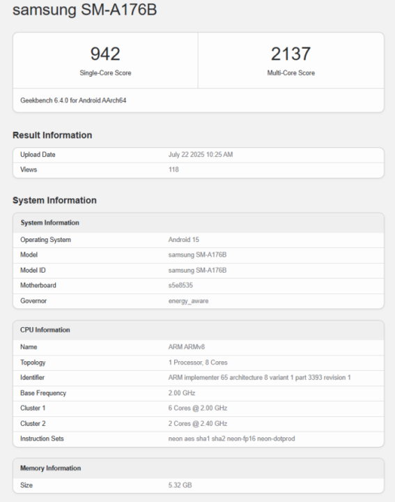 مشخصات گلکسی A17 5G در گیکبنچ