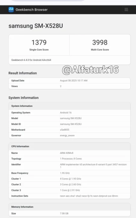 مشخصات گلکسی تب اس10 FE با اندروید 16 و One UI 8 در گیک‌بنچ