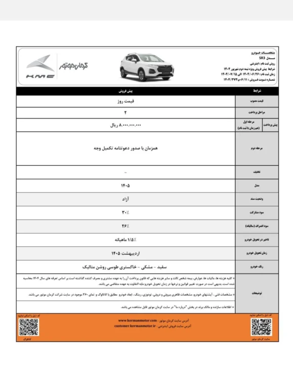 جدول شرایط فروش KMC SR3 کرمان موتور