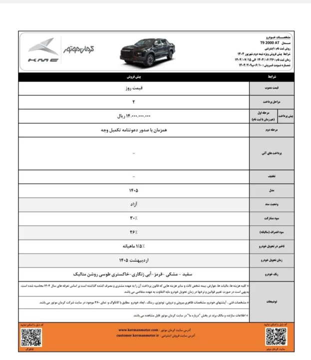 جدول شرایط فروش KMC T9 کرمان موتور