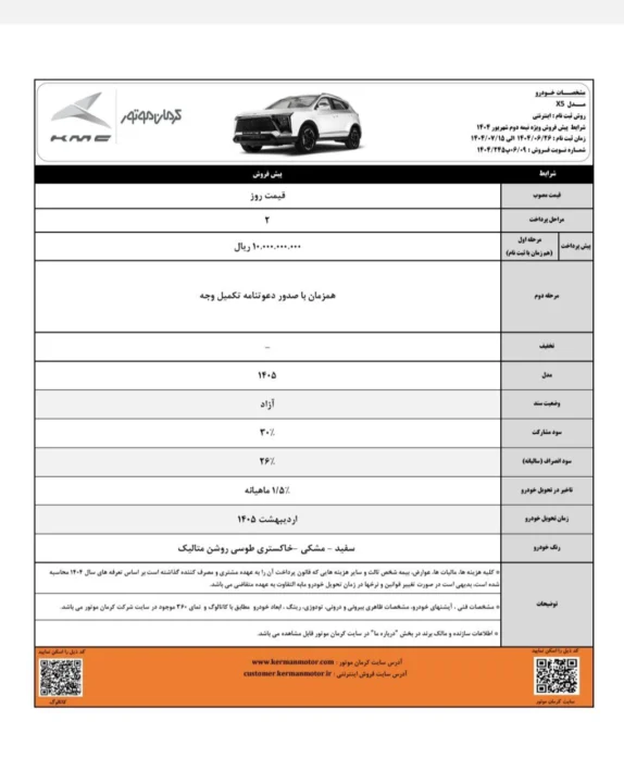 جدول شرایط فروش KMC X5 کرمان موتور