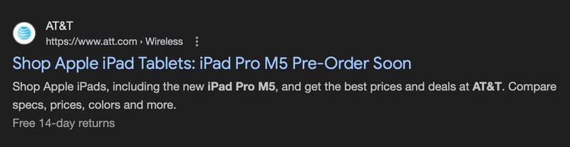 پست ایندکس شده از AT&T در گوگل در خصوص نسل جدید آیپد پرو اپل