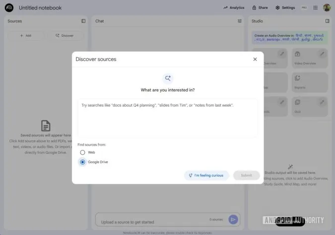 محیط برنامه NotebookLM