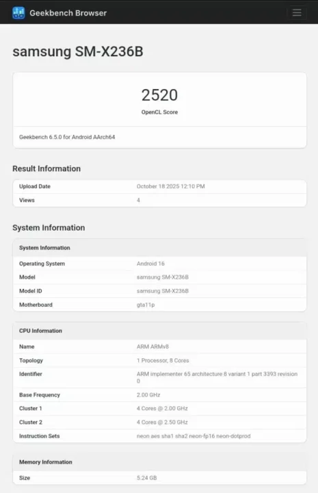 مشخصات گلکسی تب a11 پلاس در گیک بنچ
