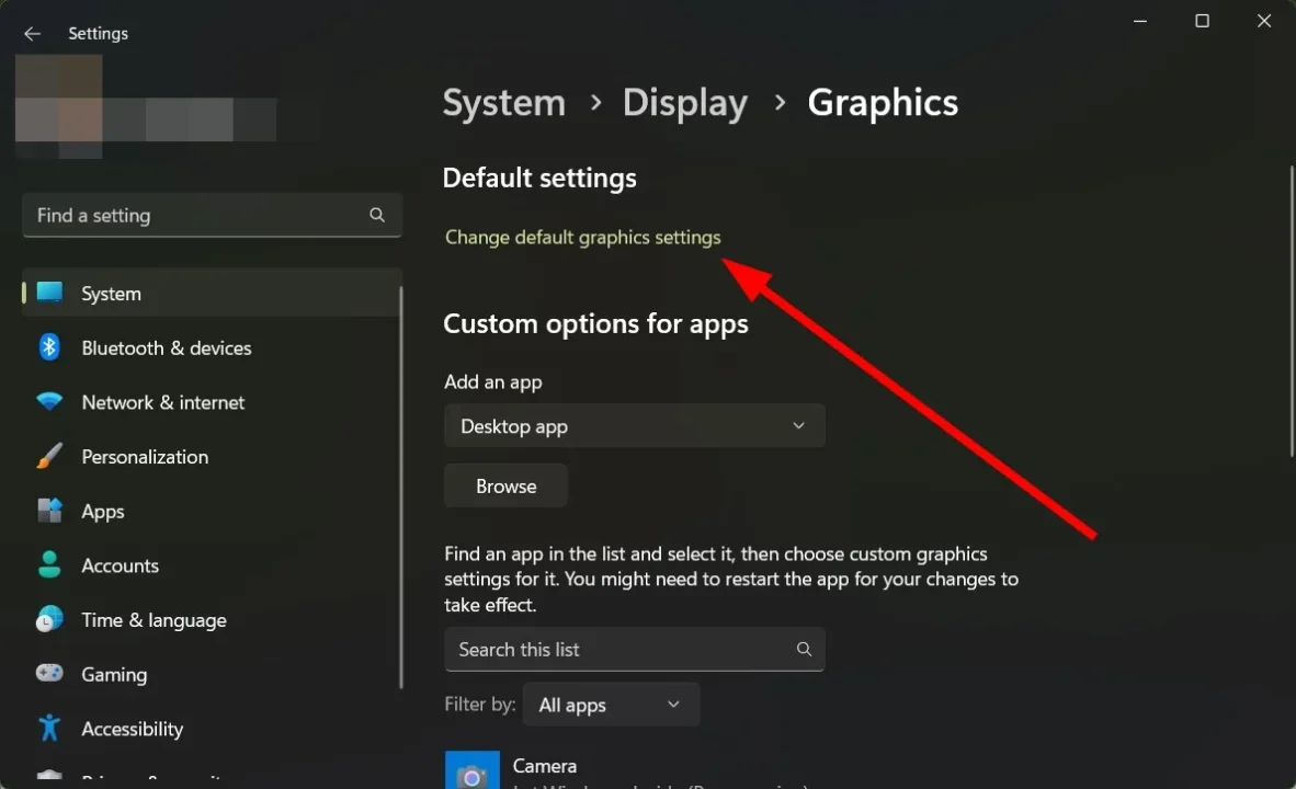 انتخاب گزینه Change default graphics settings