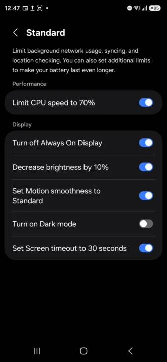 صفحه تنظیمات حالت استاندارد ذخیره انرژی one ui 8.5